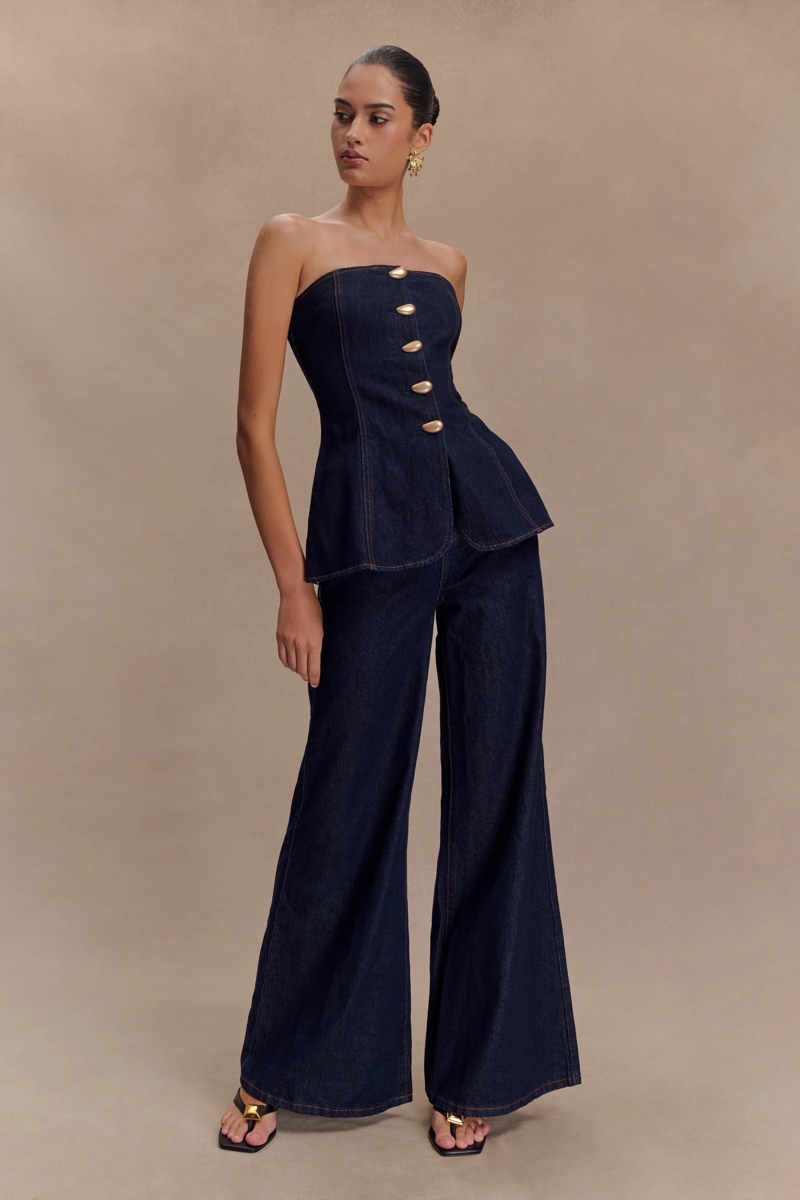 Lennox Strapless Long Line Button Top Indigo Blue