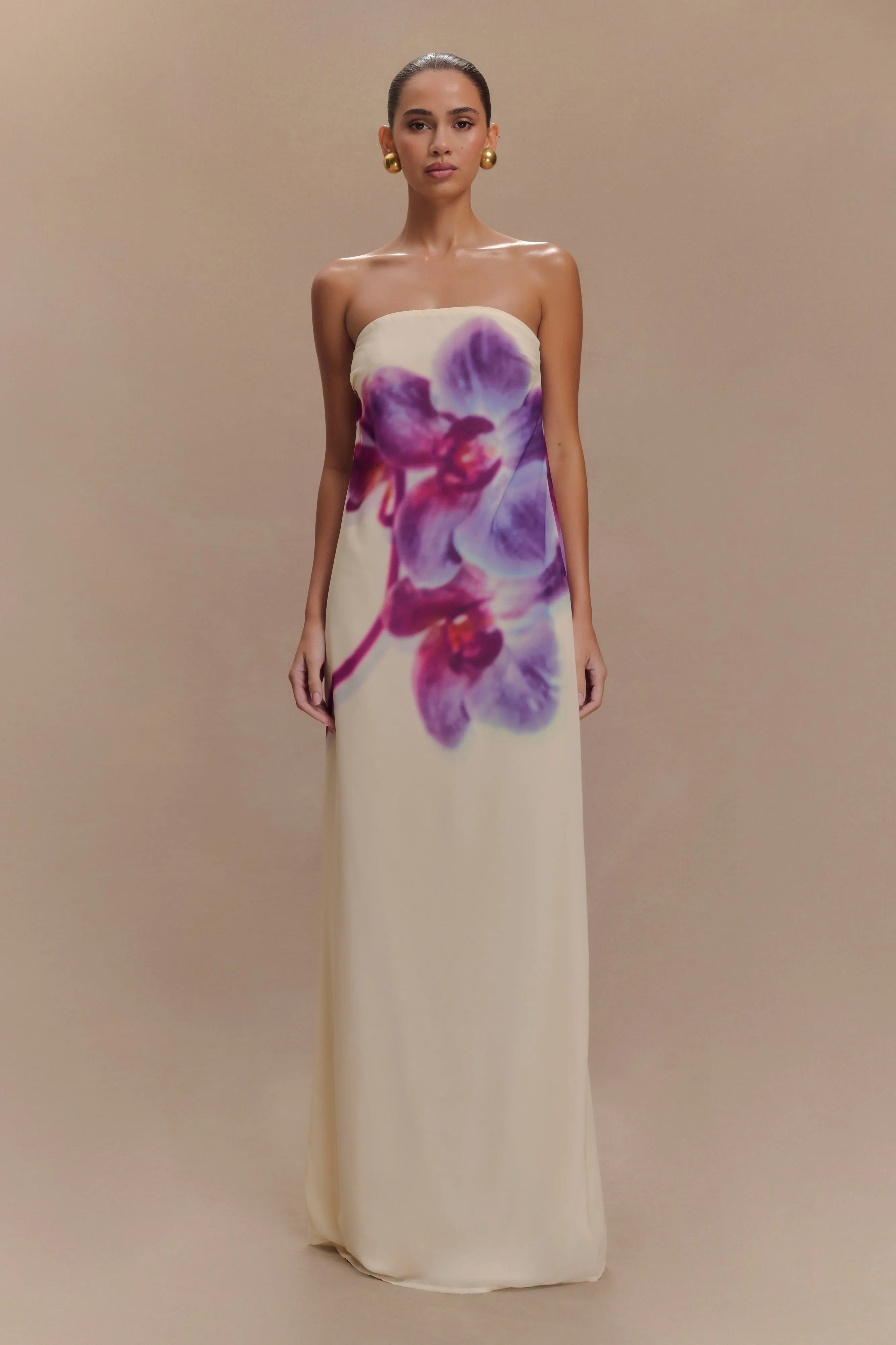 Amaya Strapless Chiffon Maxi Dress Ivory Koi Orchid Print