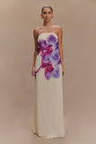 Amaya Strapless Chiffon Maxi Dress Ivory Koi Orchid Print