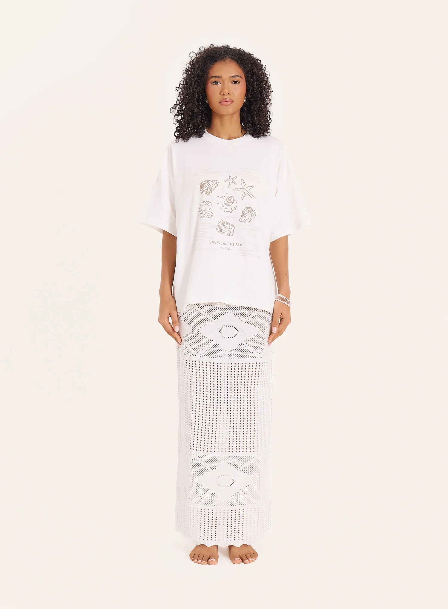 Cream Beach Graphic Printed Cotton T Shirt