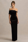 Poised Black Velvet Bardot Neck Maxi Dress With Twist Sleeve