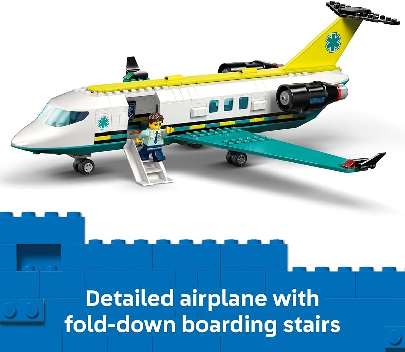 LEGO City Emergency Air Ambulance Airplane Building Toy for Kids Pretend Play Rescue Airplane Model for Boys Girls Ages 6 Building Blocks W Hero Minifigures Gift Idea for Birthdays 60465