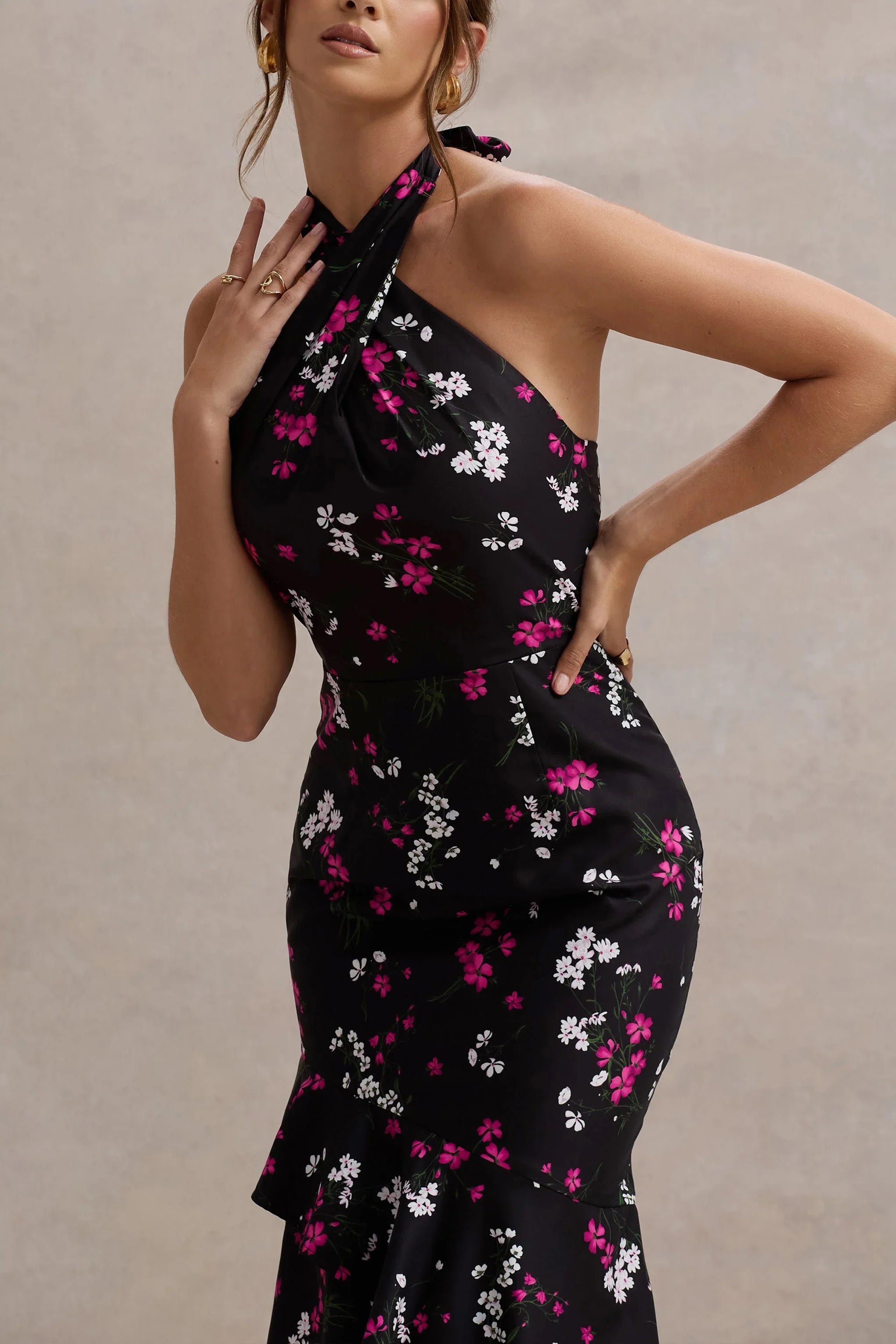 Melodia Black Ditsy Floral Print Satin Halter Neck Ruffled Maxi Dress