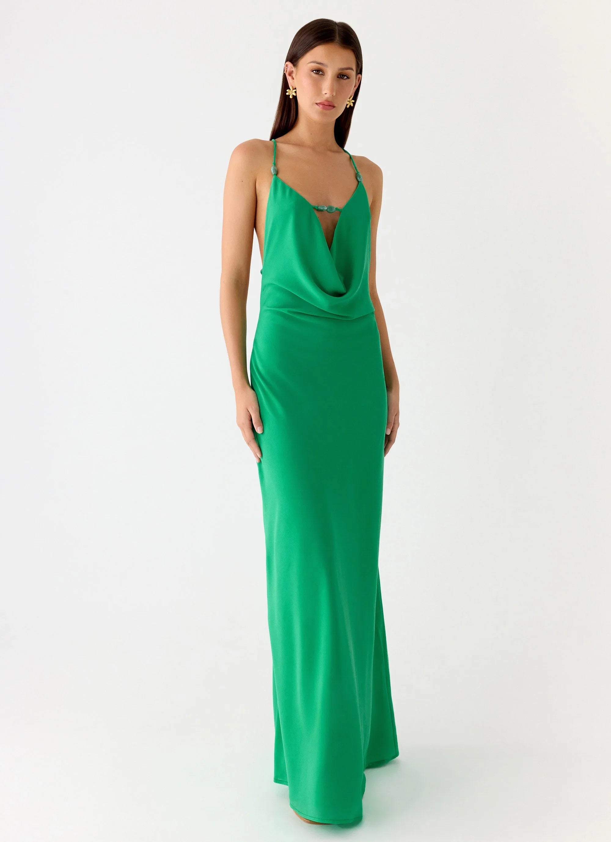 Tropic Muse Beaded Cowl Maxi Dress Green