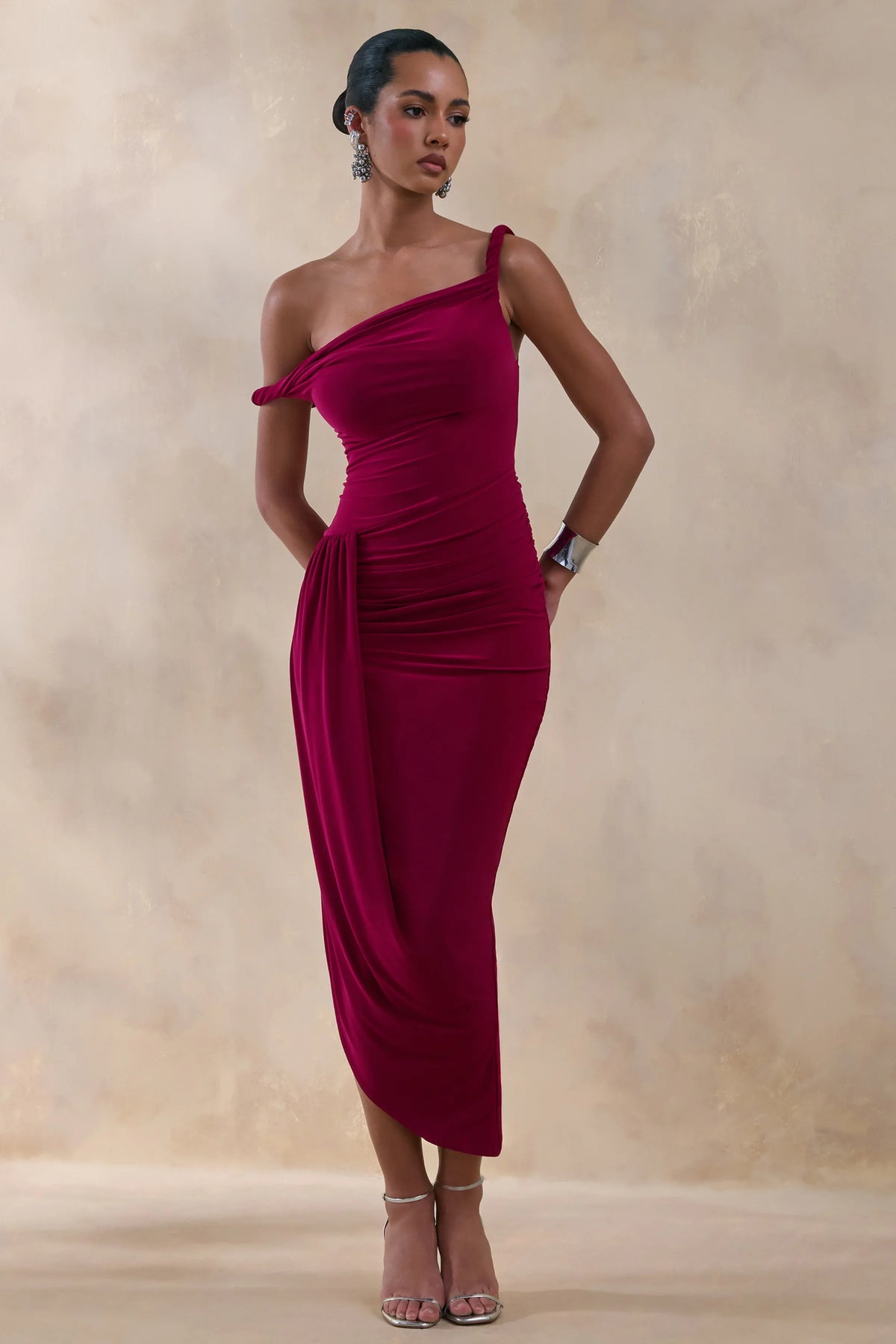 Angelique Burgundy Twisted Asymmetric Maxi Dress