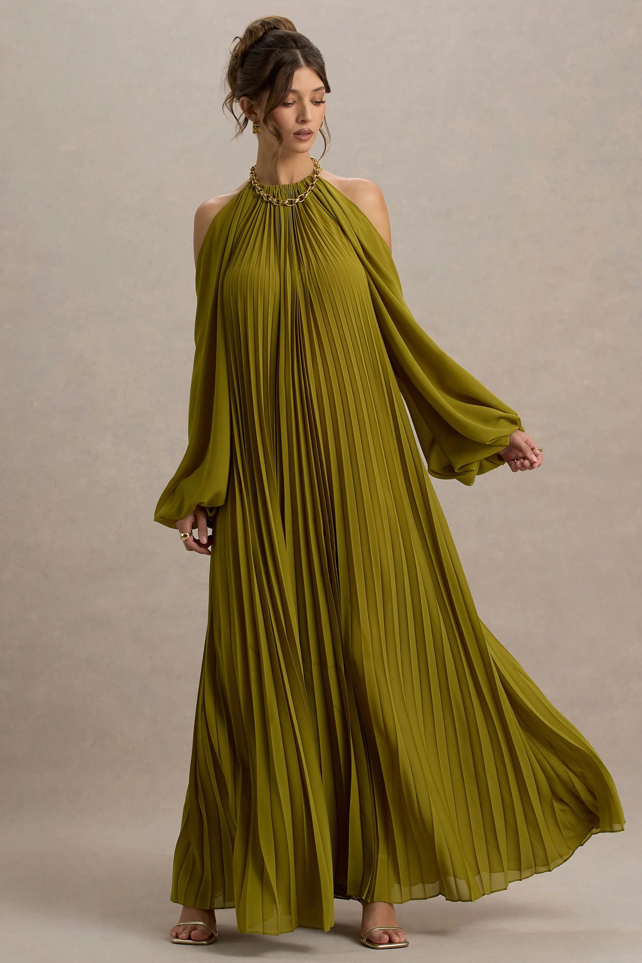 Reyna Olive Pleated Chiffon Cold Shoulder Maxi Dress