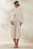 Honora Cream High Neck Midi Dress With Cape Sleeves