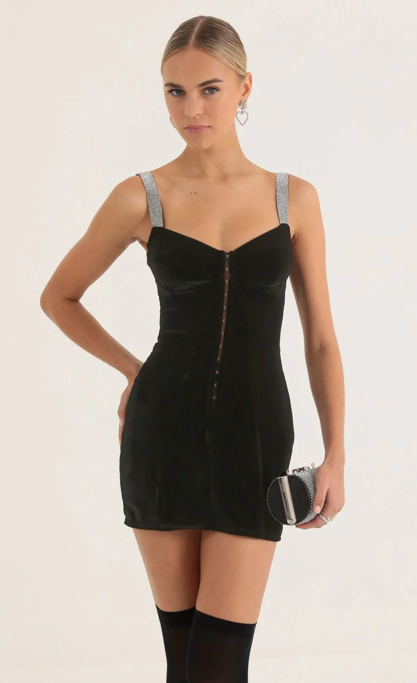 Velvet Hook and Eye Dress in Black