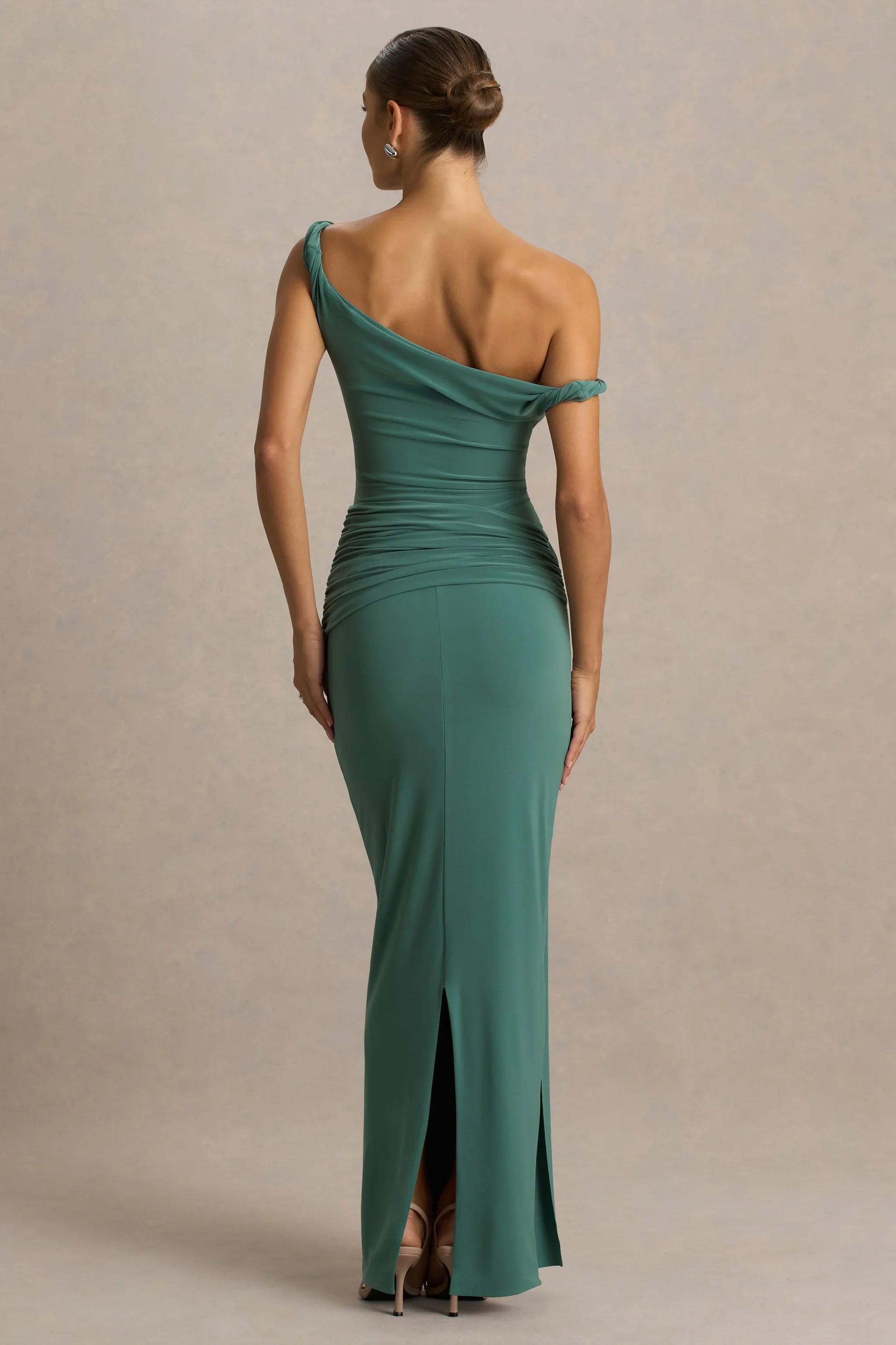 Tulisa Green Asymmetric Neck Maxi Dress With Twist Sleeves And Ruched Detailing