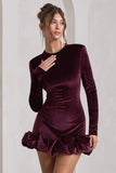 Claudine Port Velvet Long Sleeved Ruffled Mini Dress