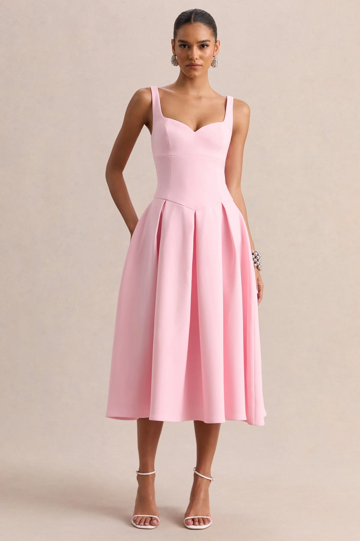 Greta Light Pink Sweetheart Neck Midi Dress