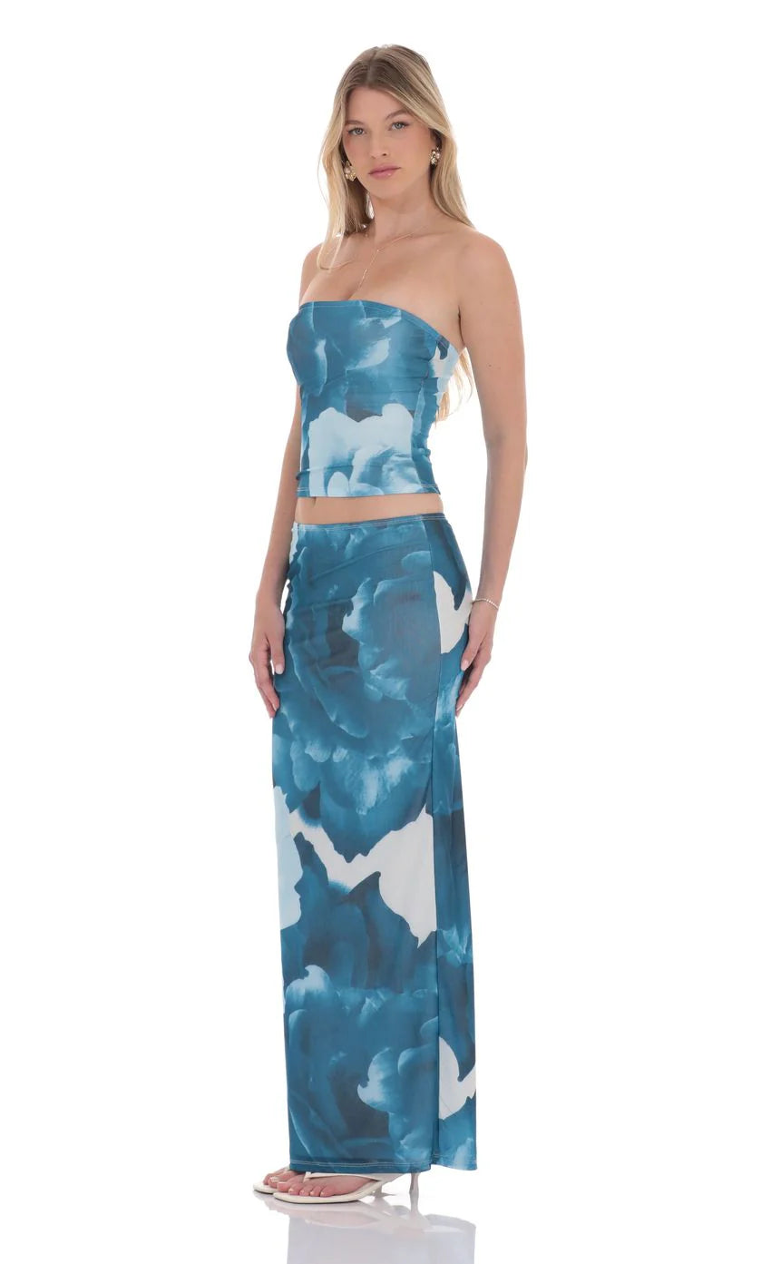 Strapless Floral Mesh Two Piece Set in Blue