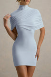 Perdi Powder Blue Bodycon Mini Dress With Twisted Cape