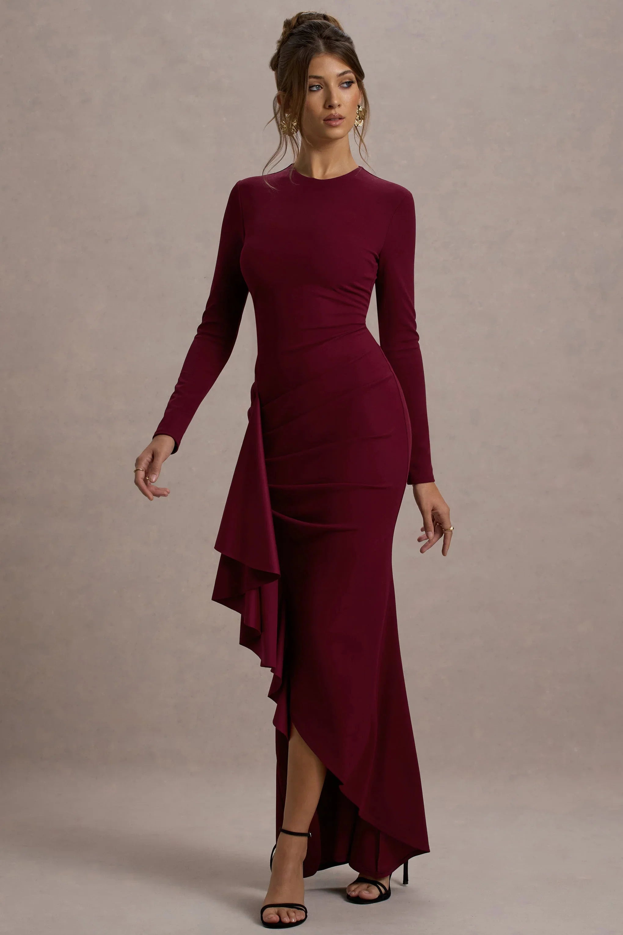 Alayna Berry Long Sleeve Maxi Dress With Ruffled Split