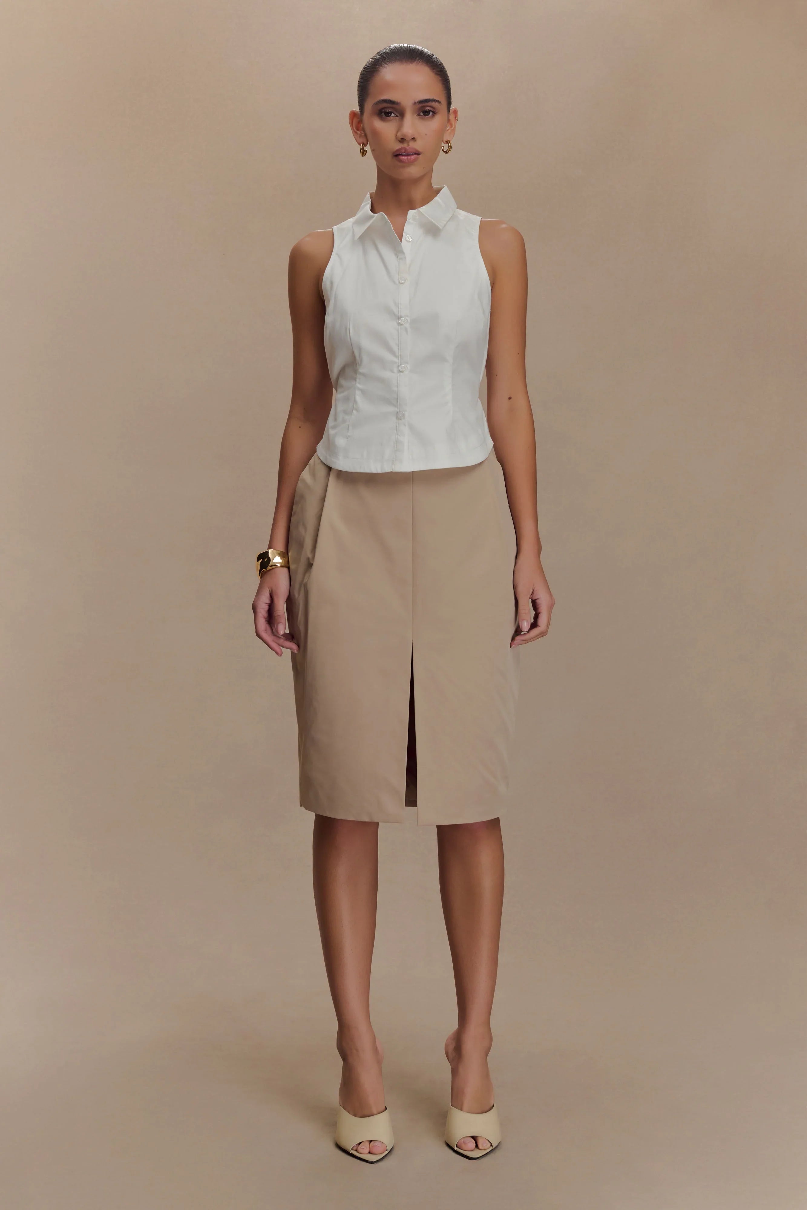Vera Twill Split Front Midi Skirt Camel