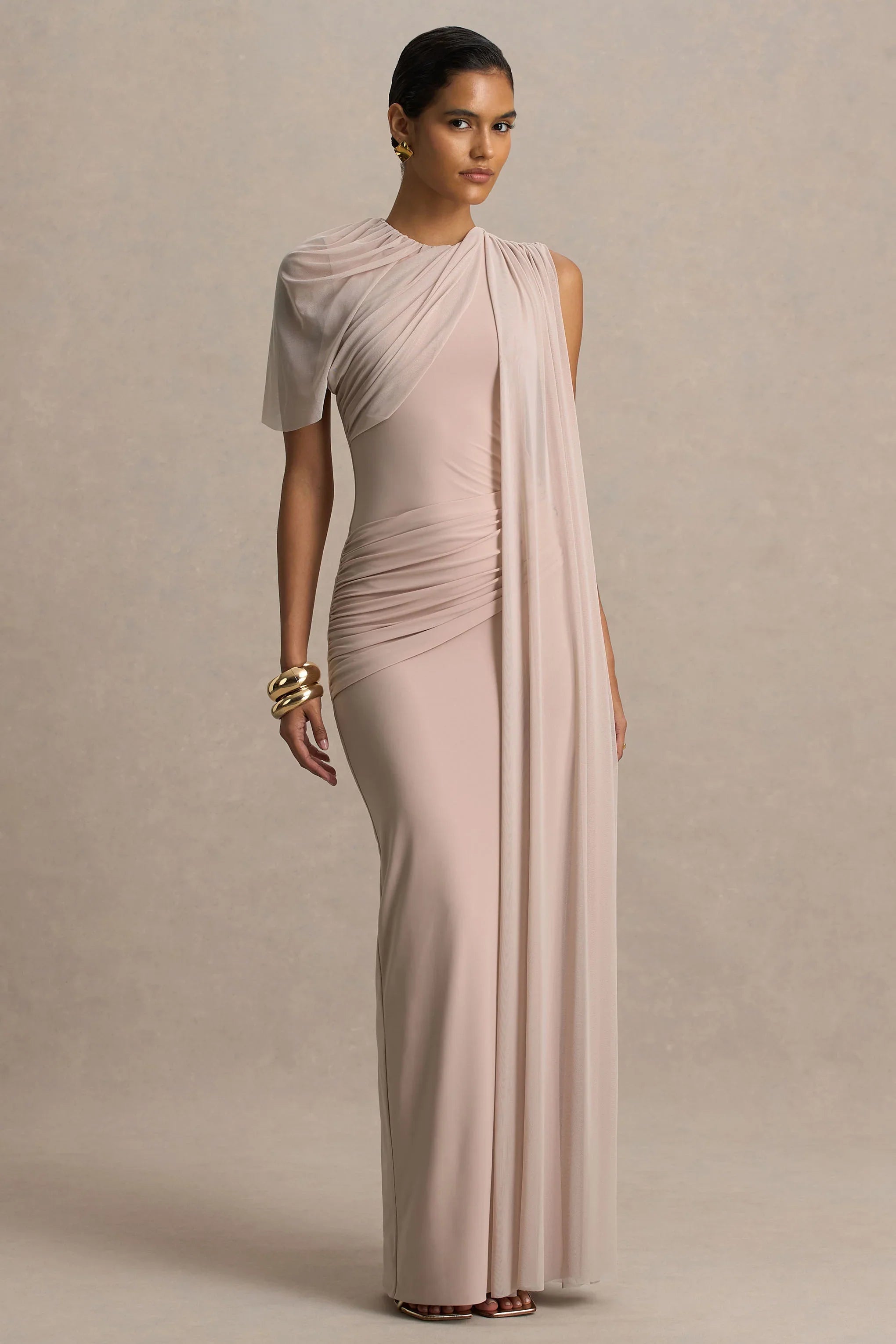 Brenda Champagne Crew Neck Maxi Dress With Mesh Cape And Sash