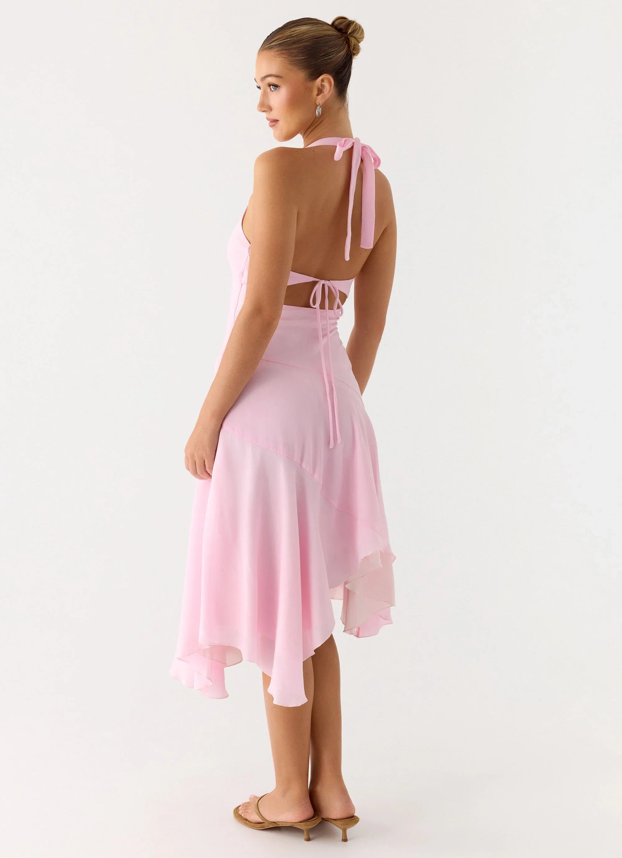 Faelie Halter Neck Asymmetrical Midi Dress Pink