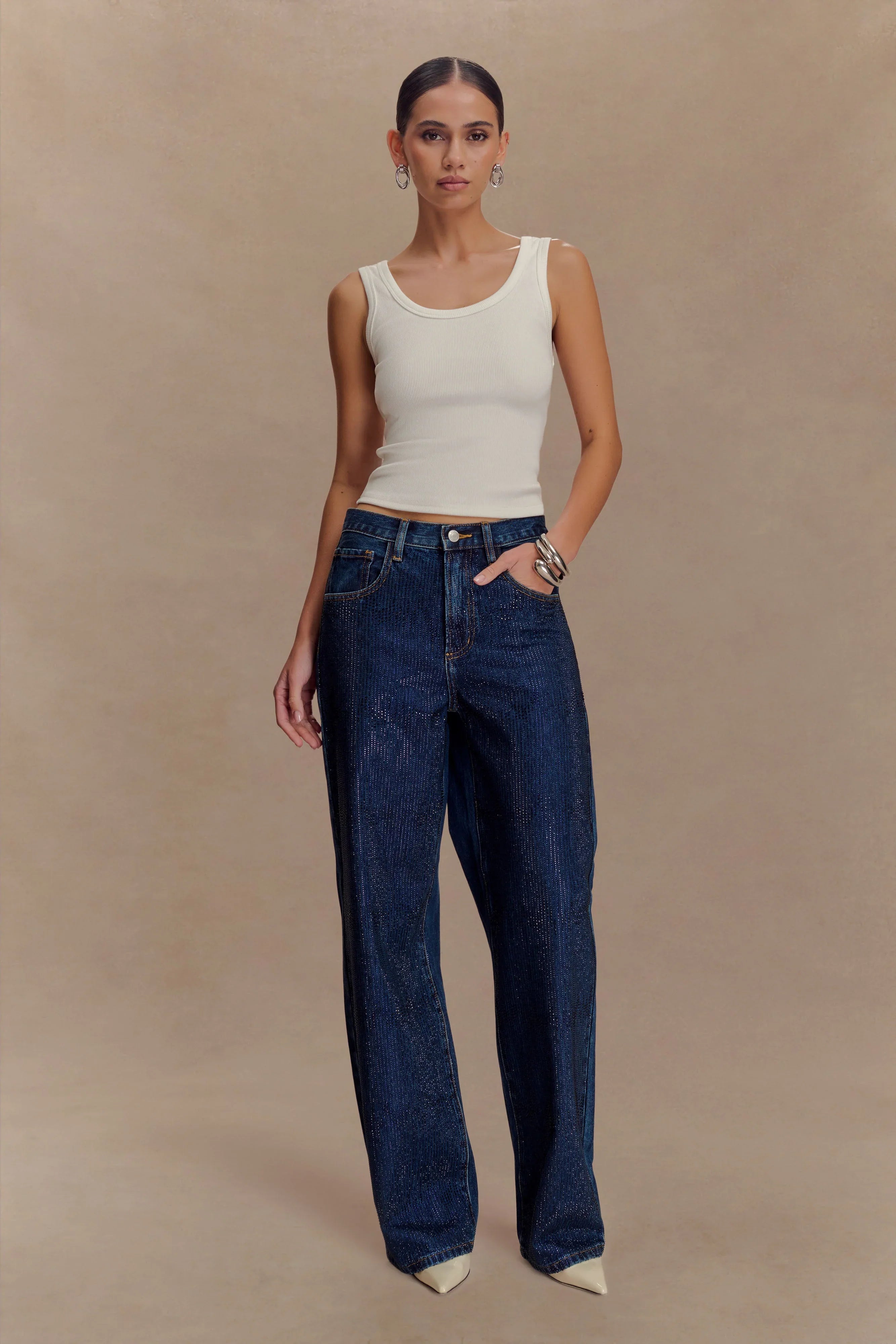 Laina Mid Rise Diamante Denim Jeans Midnight Blue