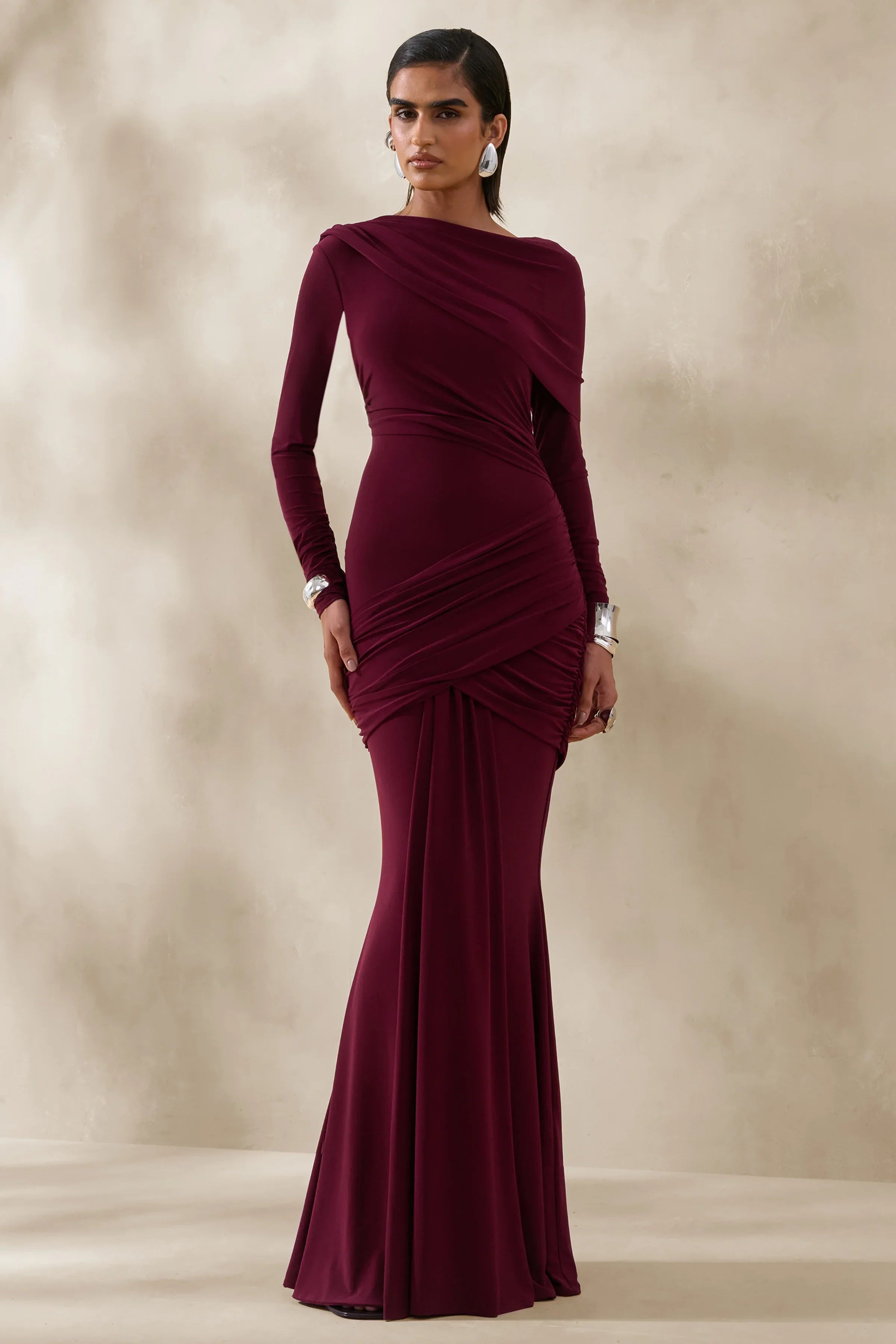 Kessara Burgundy Asymmetric Neck Maxi Dress With Sash And Gathered Detailing