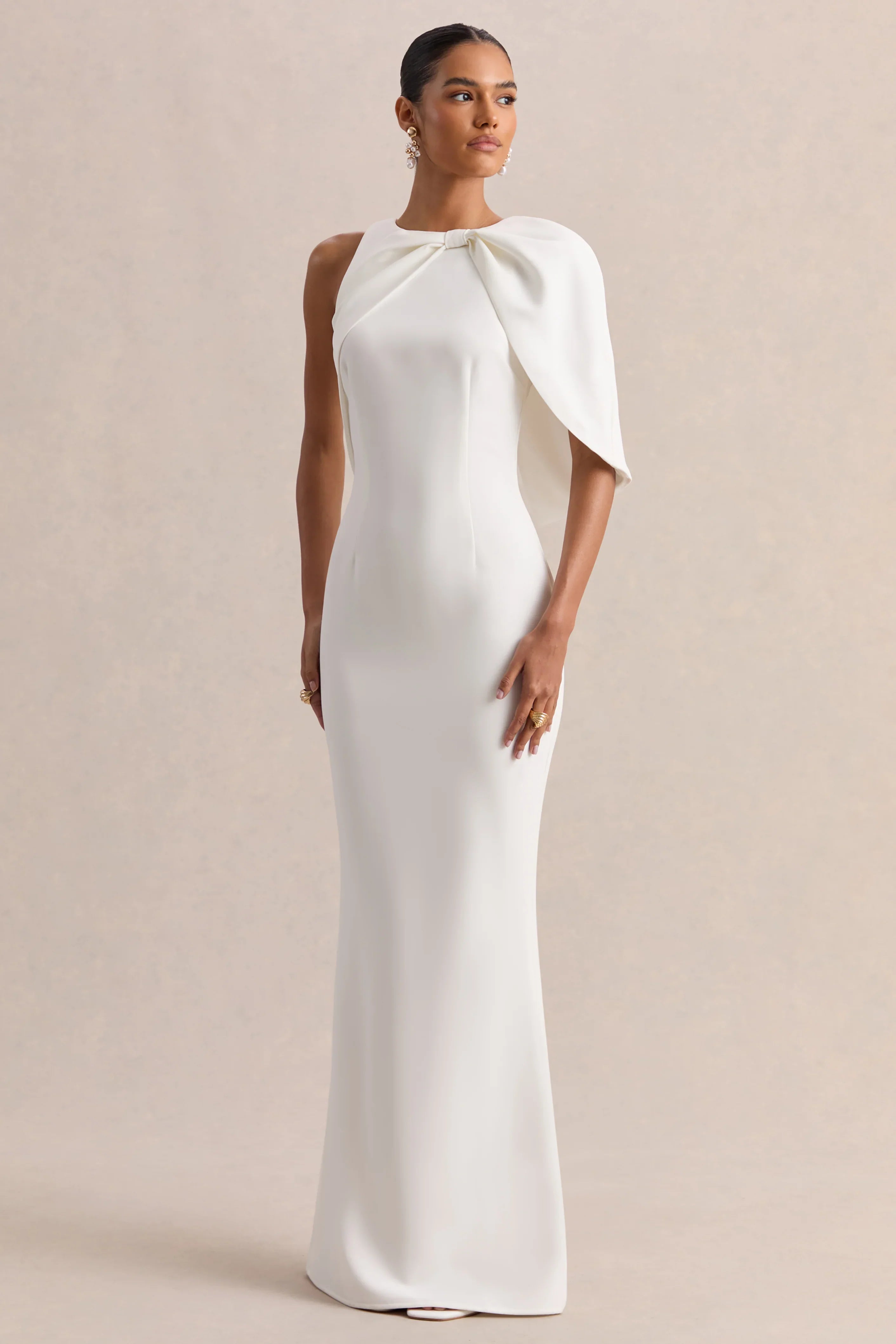 Quira White Asymmetric Neck Maxi Dress With Cape Sleeve