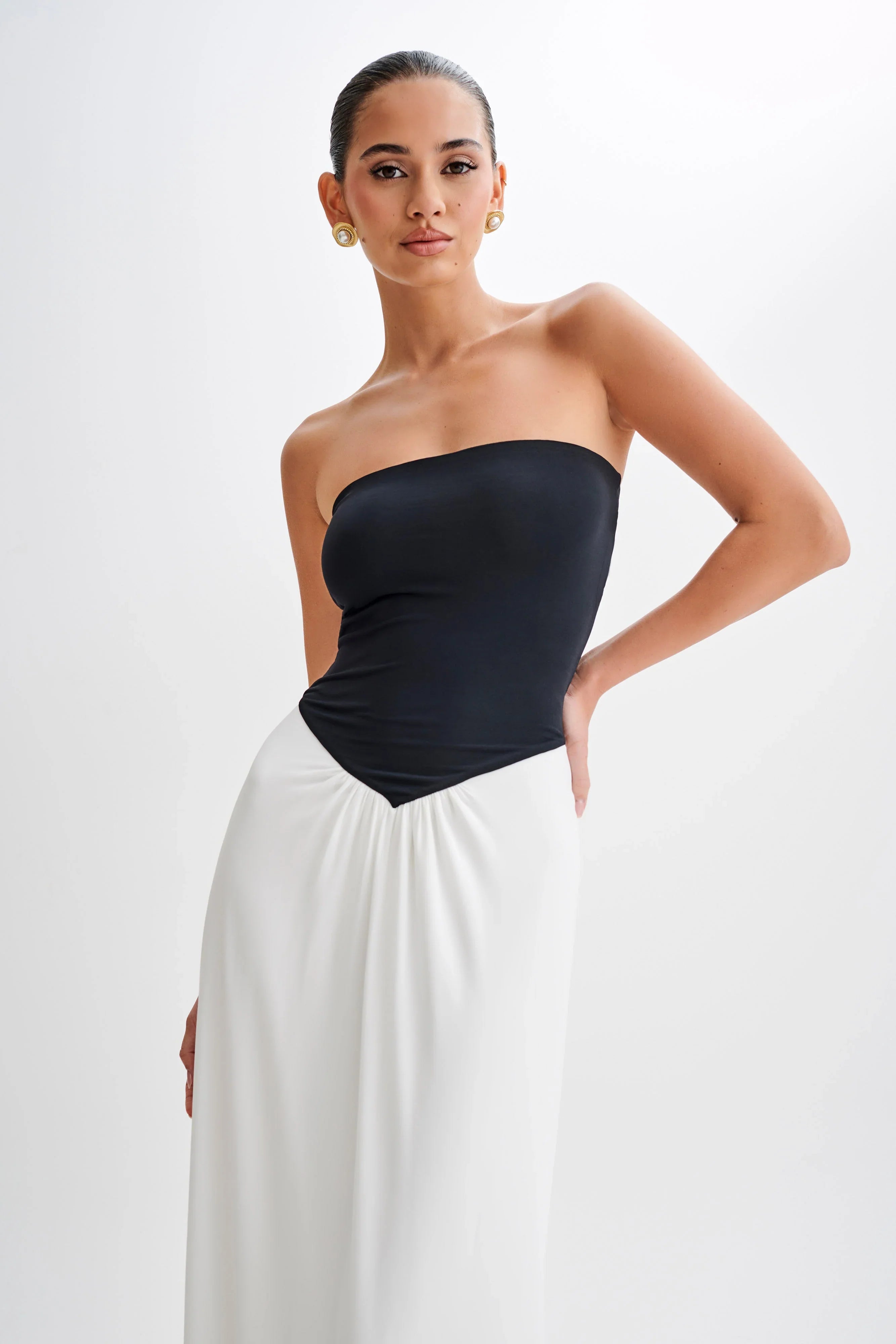 Ruby Strapless Slinky Maxi Dress Black White