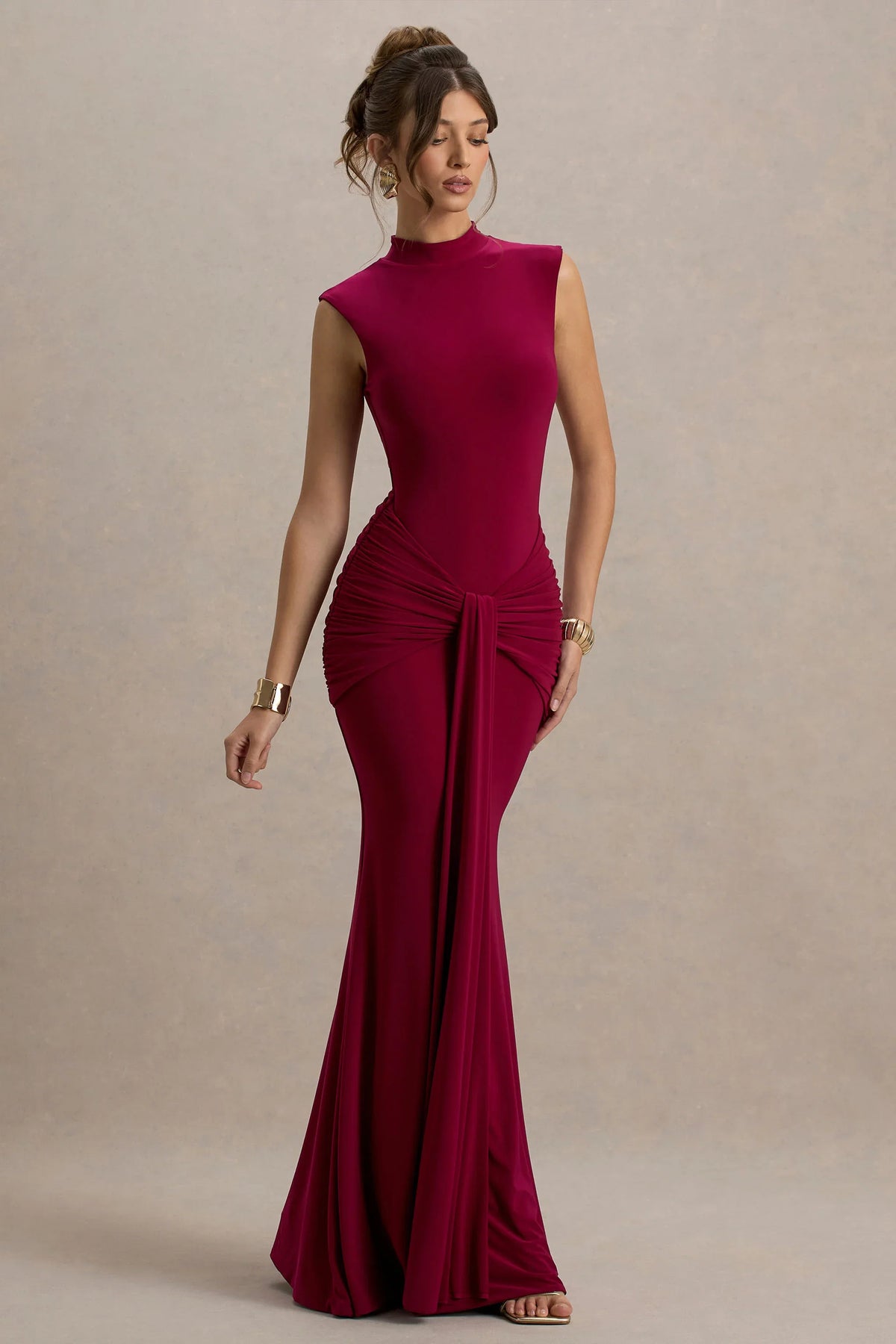 Graziana Burgundy High Neck Gathered Draped Maxi Dress
