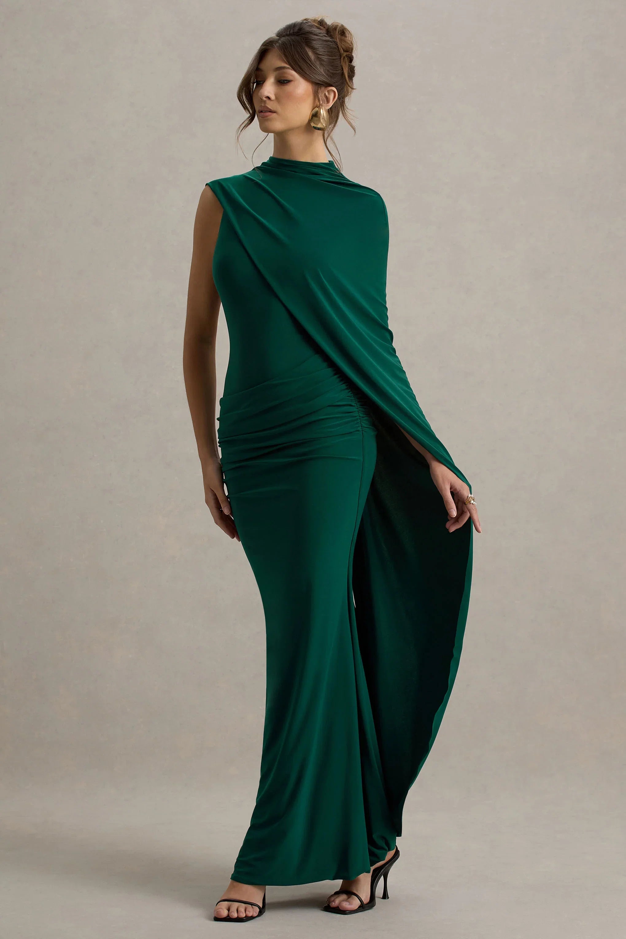 Maeve Bottle Green Cape Sleeve Draped Maxi Dress