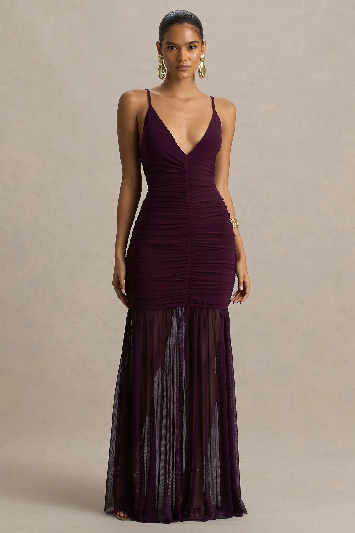 Pasqualina Plum Ruched Plunge Neck Maxi Dress