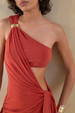 Clarosia Rust Asymmetric Neck Maxi Dress With Cut Out With Sash