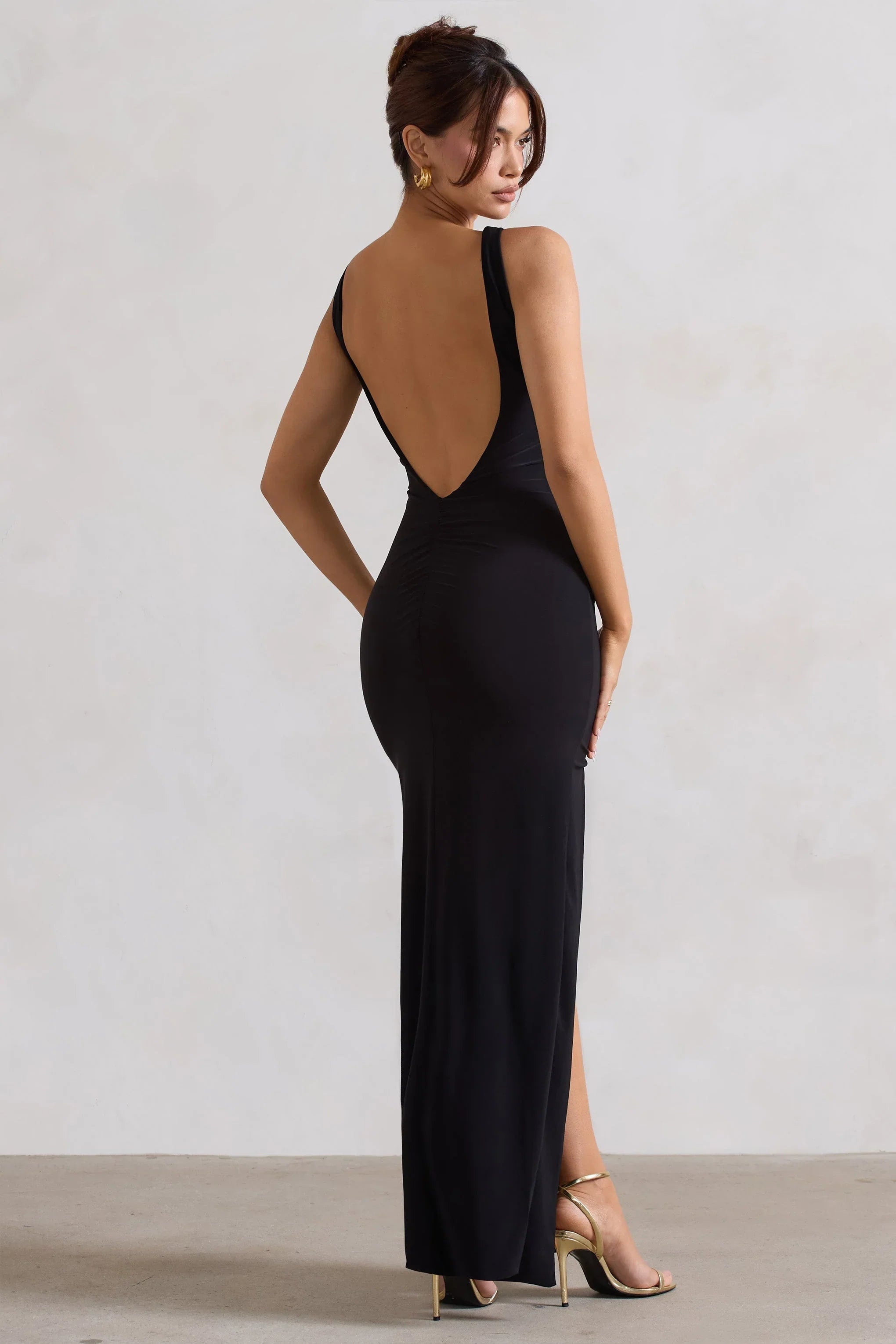Kate Black Square Neck Maxi Dress with Plunge Back and Side Thigh Split