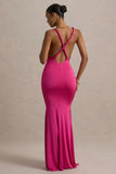 Santez Hot Pink Twisted Plunge Neck Maxi Dress