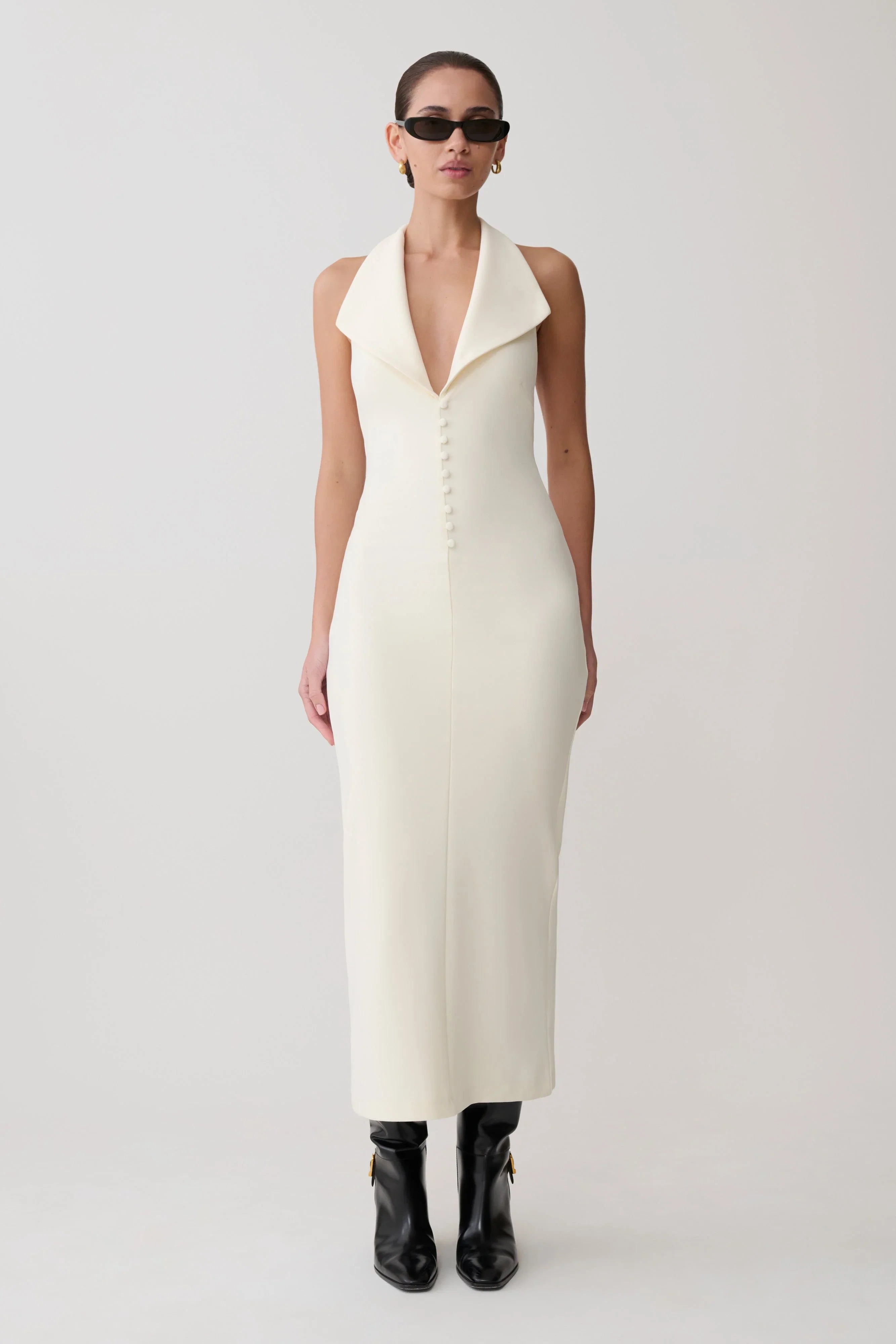 Annita Crepe Halter Midi Dress Ivory