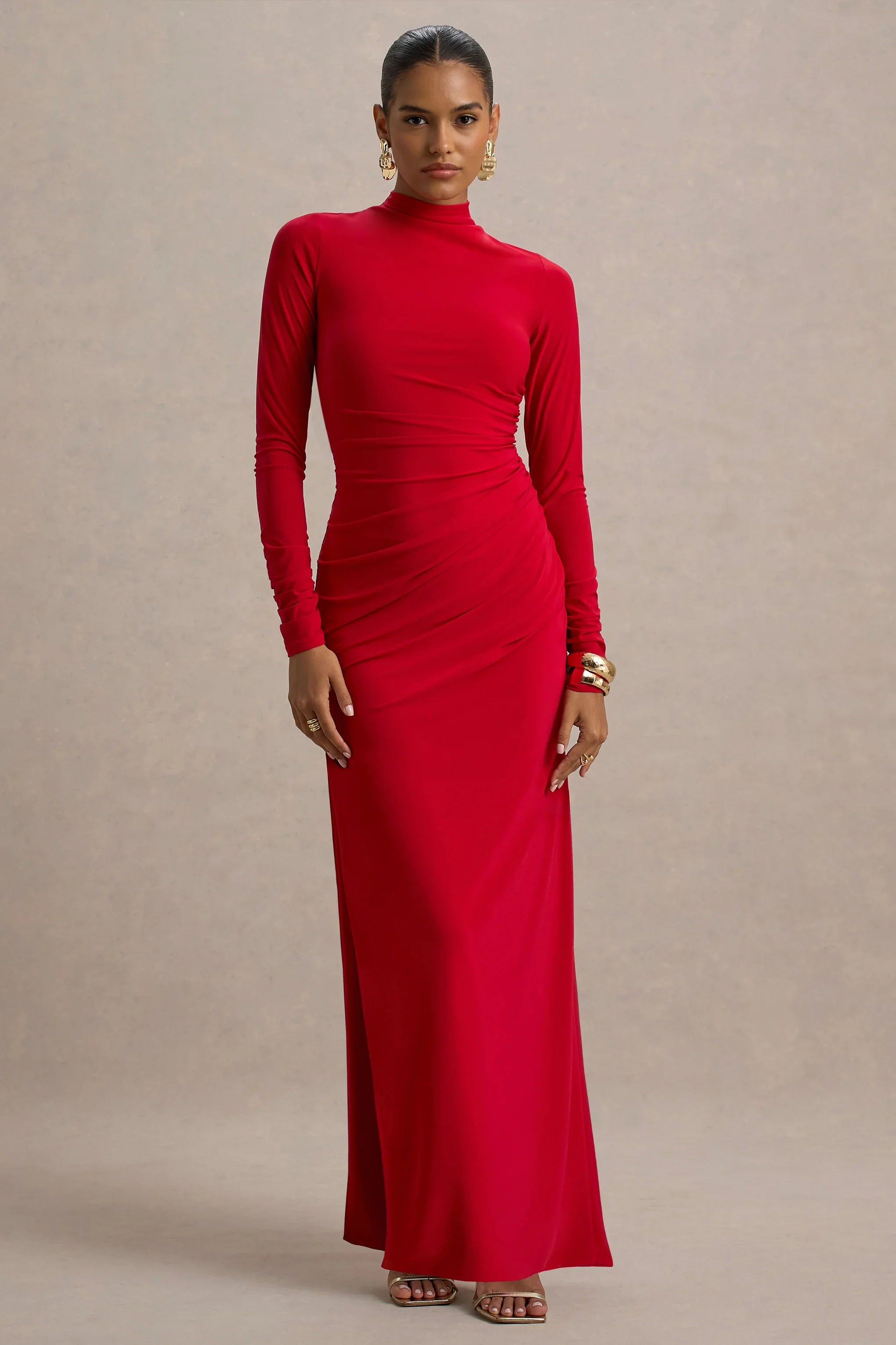 Alluring Red High Neck Maxi Dress With Ruched Detailing