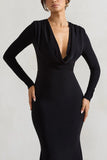 Heavy Heart Black Cowl Neck Long Sleeve Maxi Dress