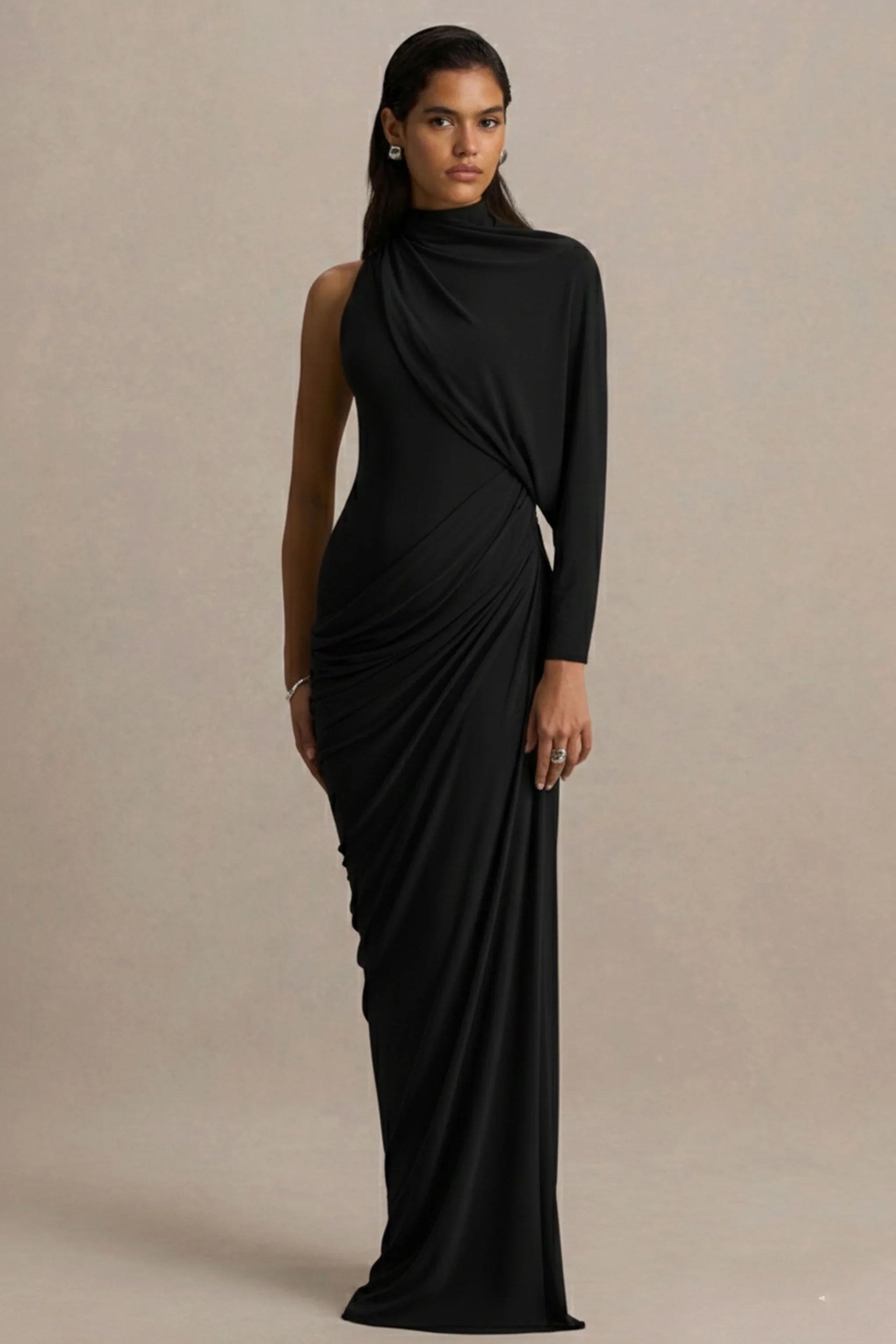 Aphra Black High Neck Maxi Dress With Cape Sleeve