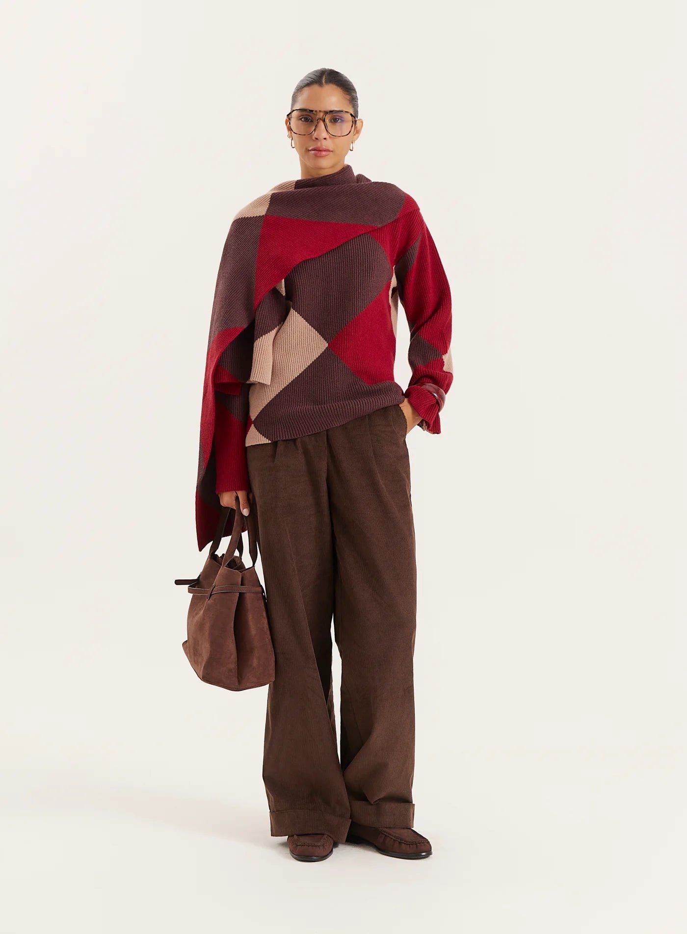 Multi Diamond Knitted Jumper With Scarf