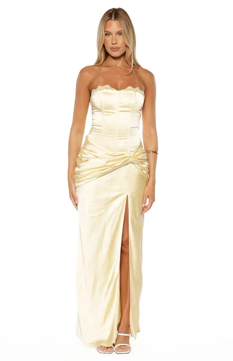 Sasha Yellow Ruched Twist Satin Maxi Dress PRE ORDER