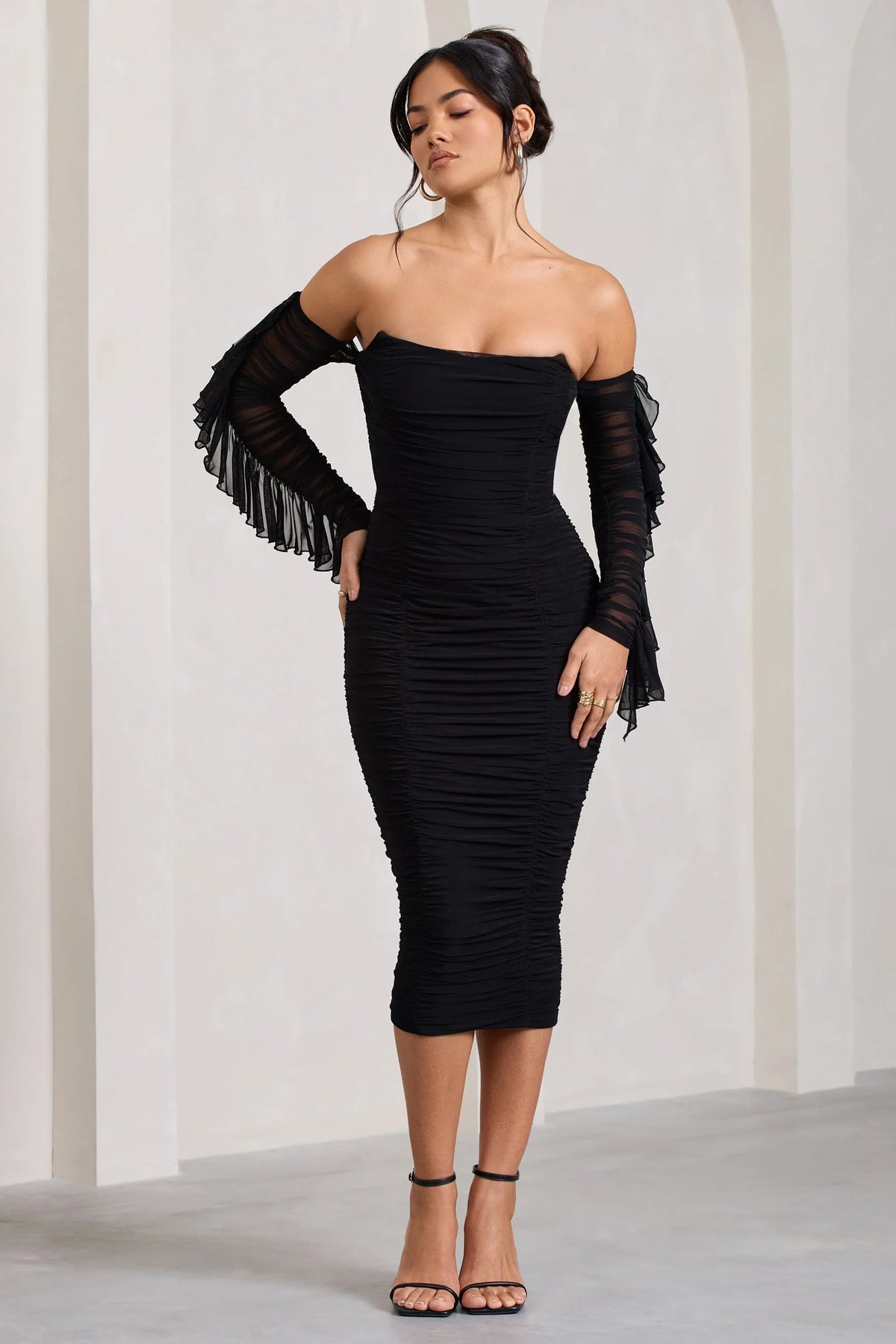 Favor Black Ruched Mesh Bardot Midi Dress