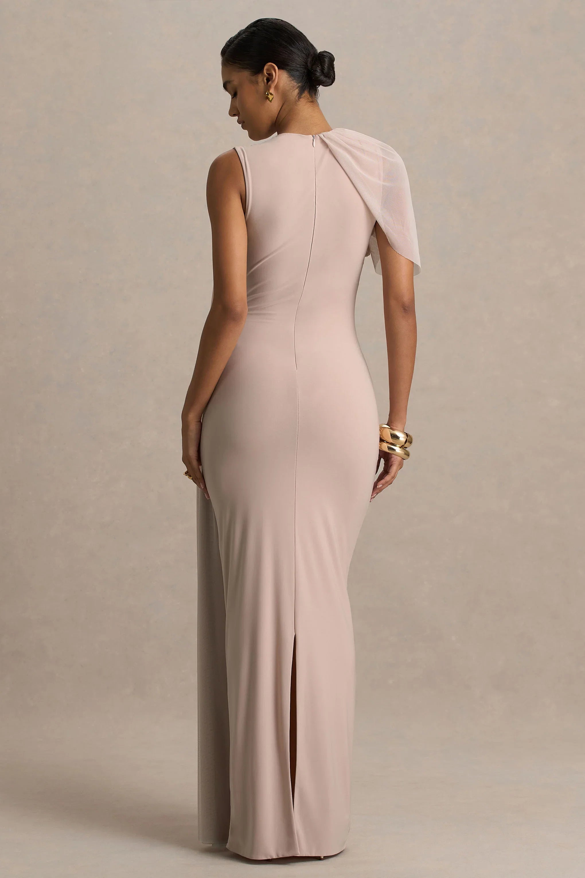 Brenda Champagne Crew Neck Maxi Dress With Mesh Cape And Sash