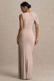 Brenda Champagne Crew Neck Maxi Dress With Mesh Cape And Sash