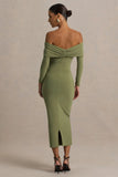 Spark Olive Bardot Neck Midi Dress With Bow Detail
