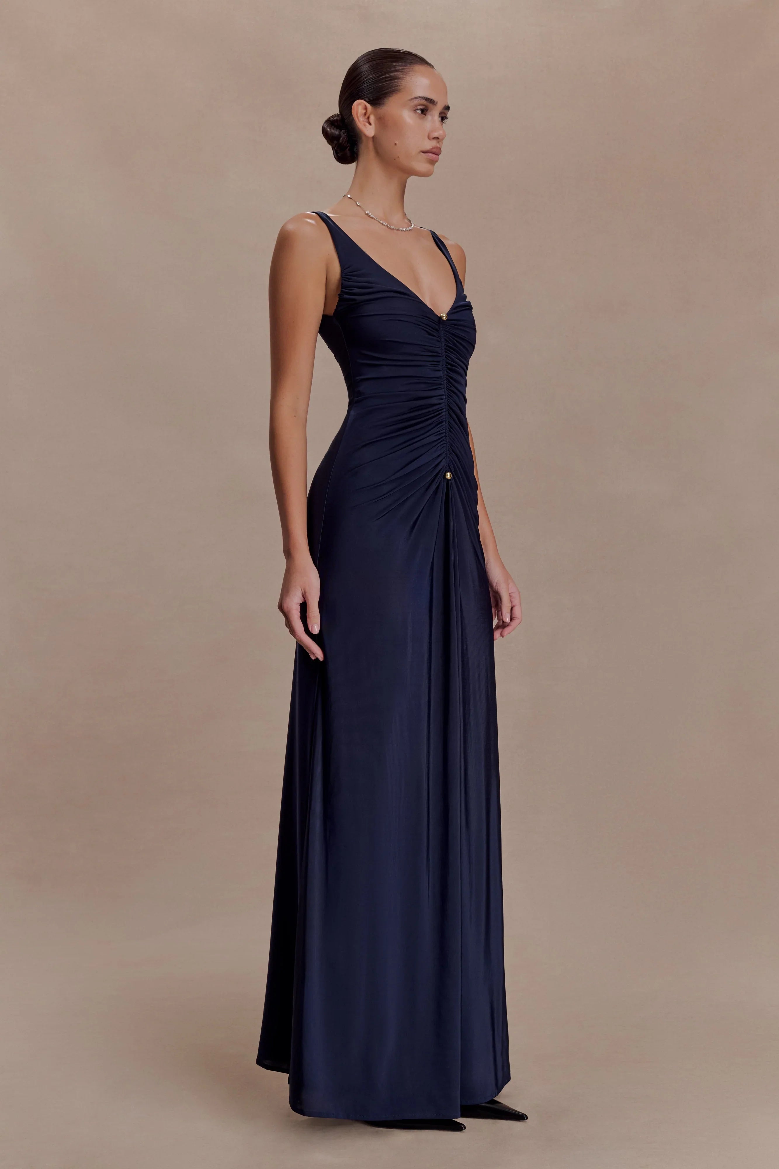 Perrie Slinky Ruched Maxi Dress Ink Blue