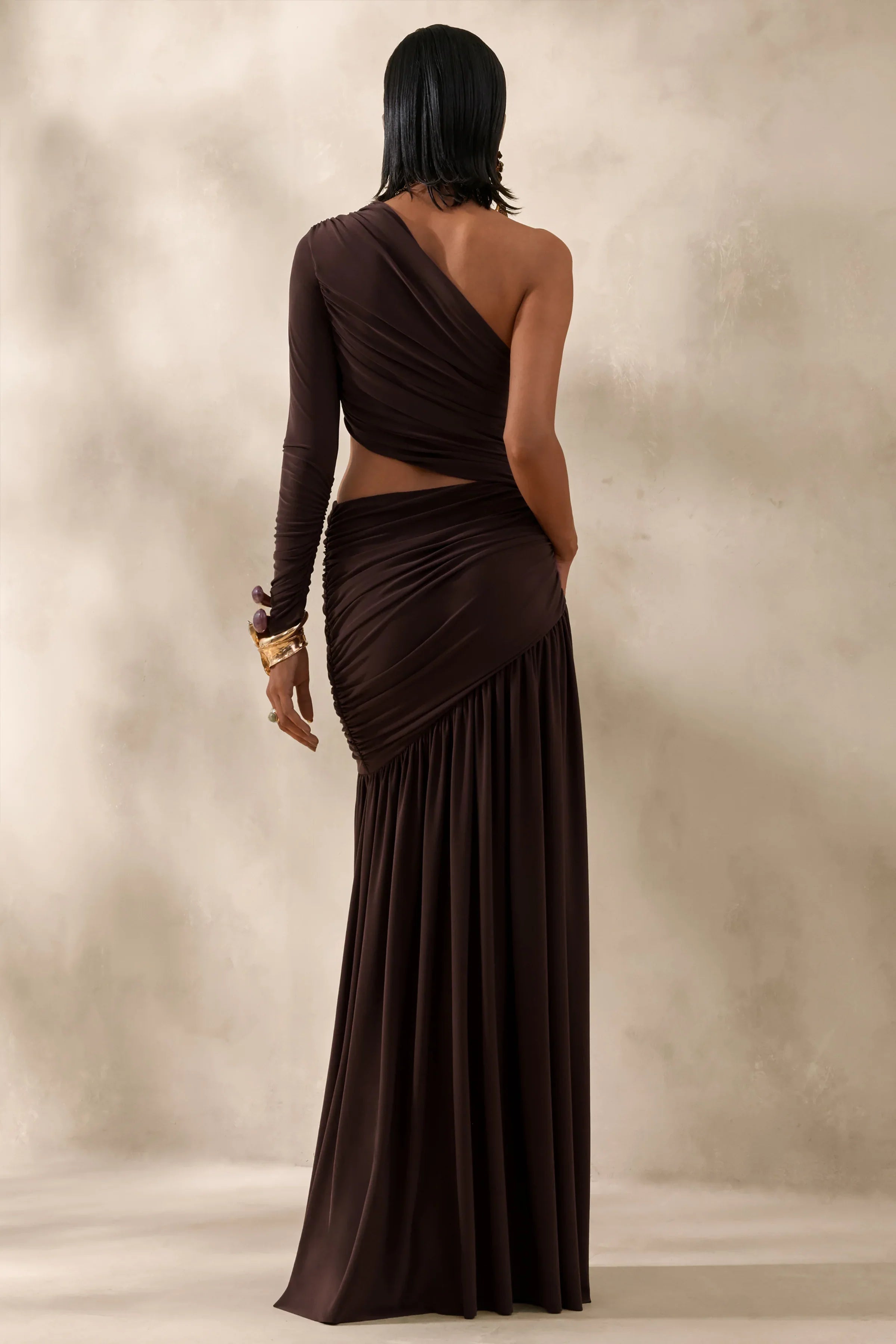 Kinsley Brown Asymmetric Neck Maxi Dress With Body Cut Out Detail