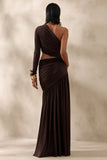 Kinsley Brown Asymmetric Neck Maxi Dress With Body Cut Out Detail