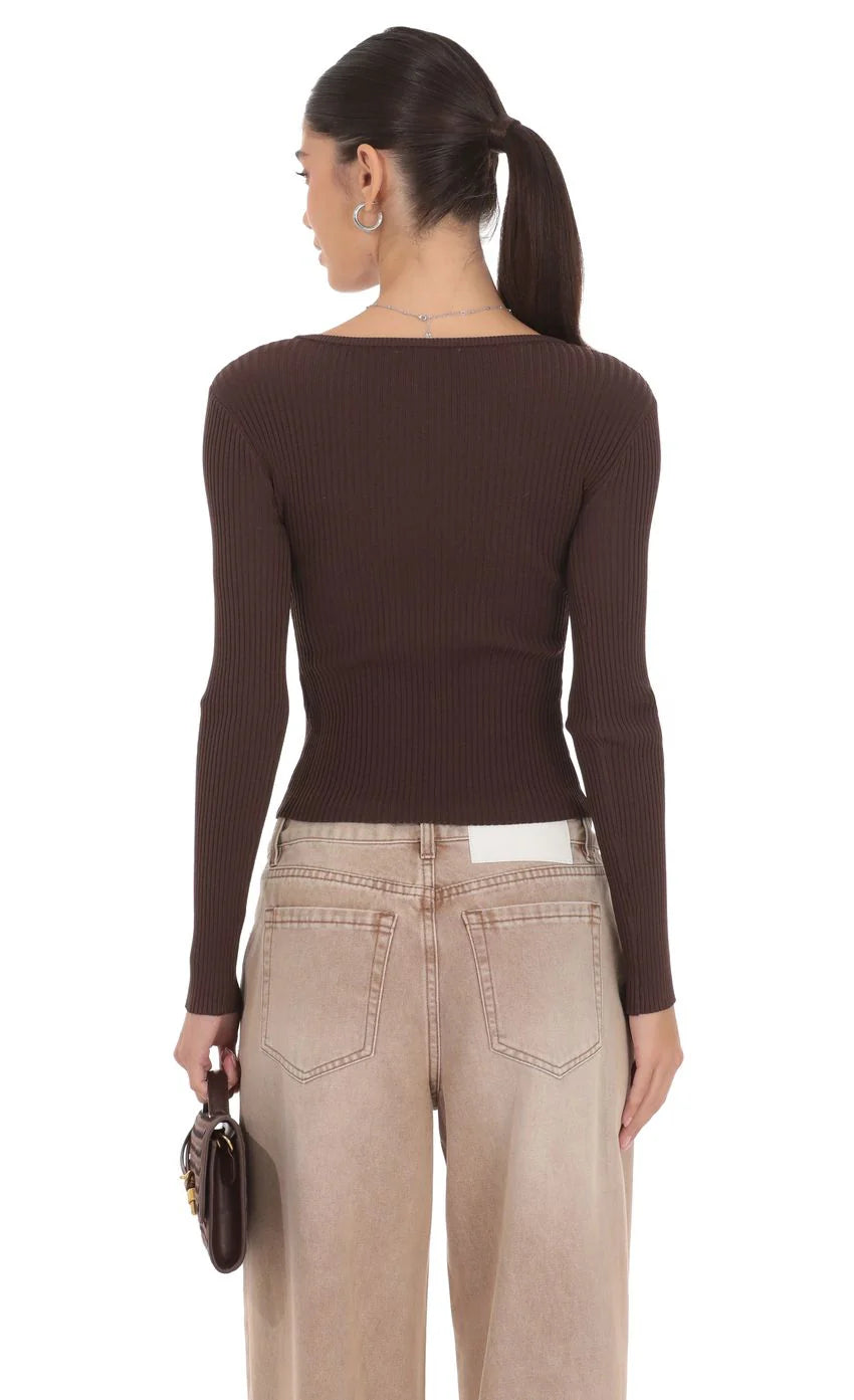 Off Center Cardigan in Brown