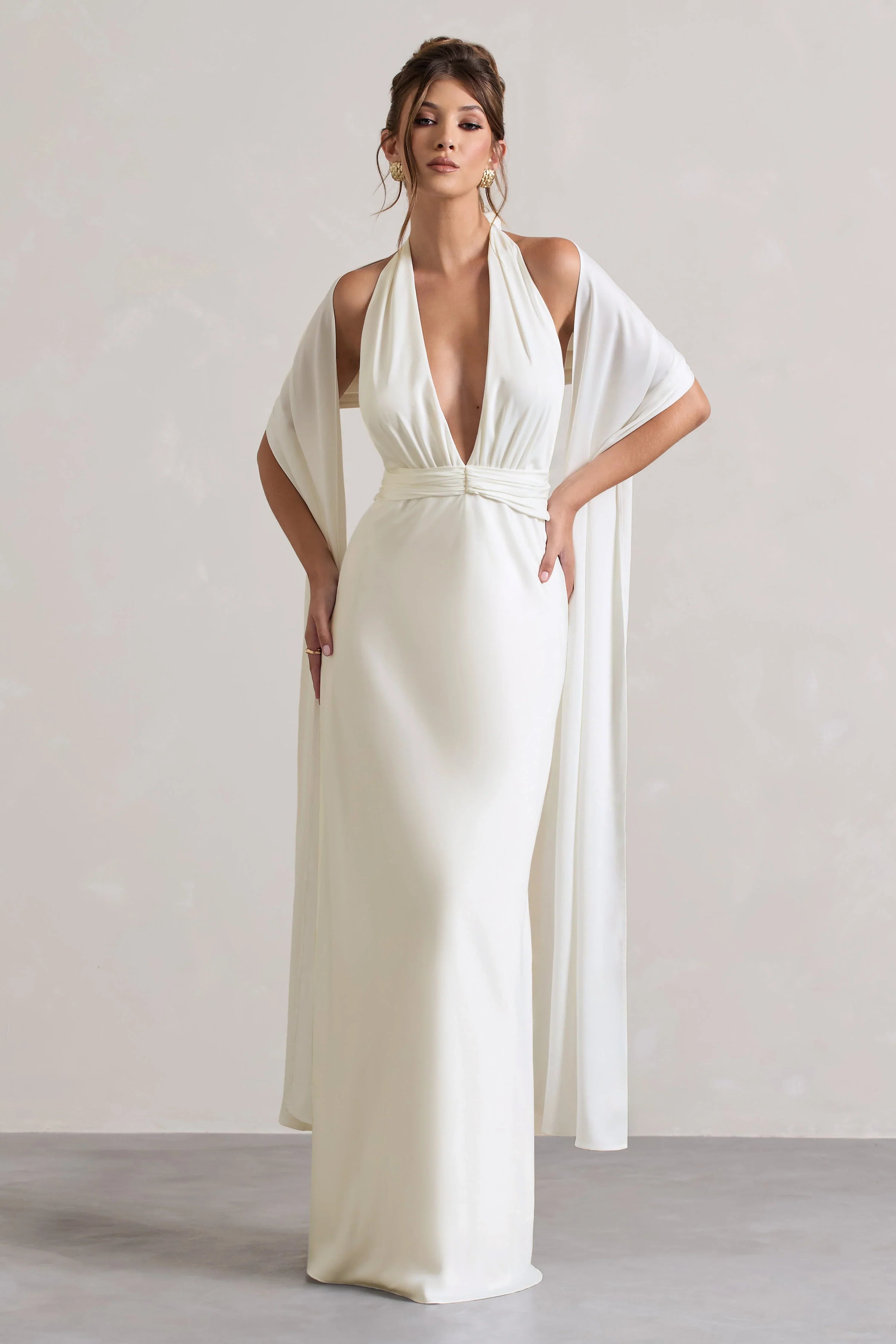 Carolyn Ivory Satin Plunge Maxi Dress With Dipped Hem