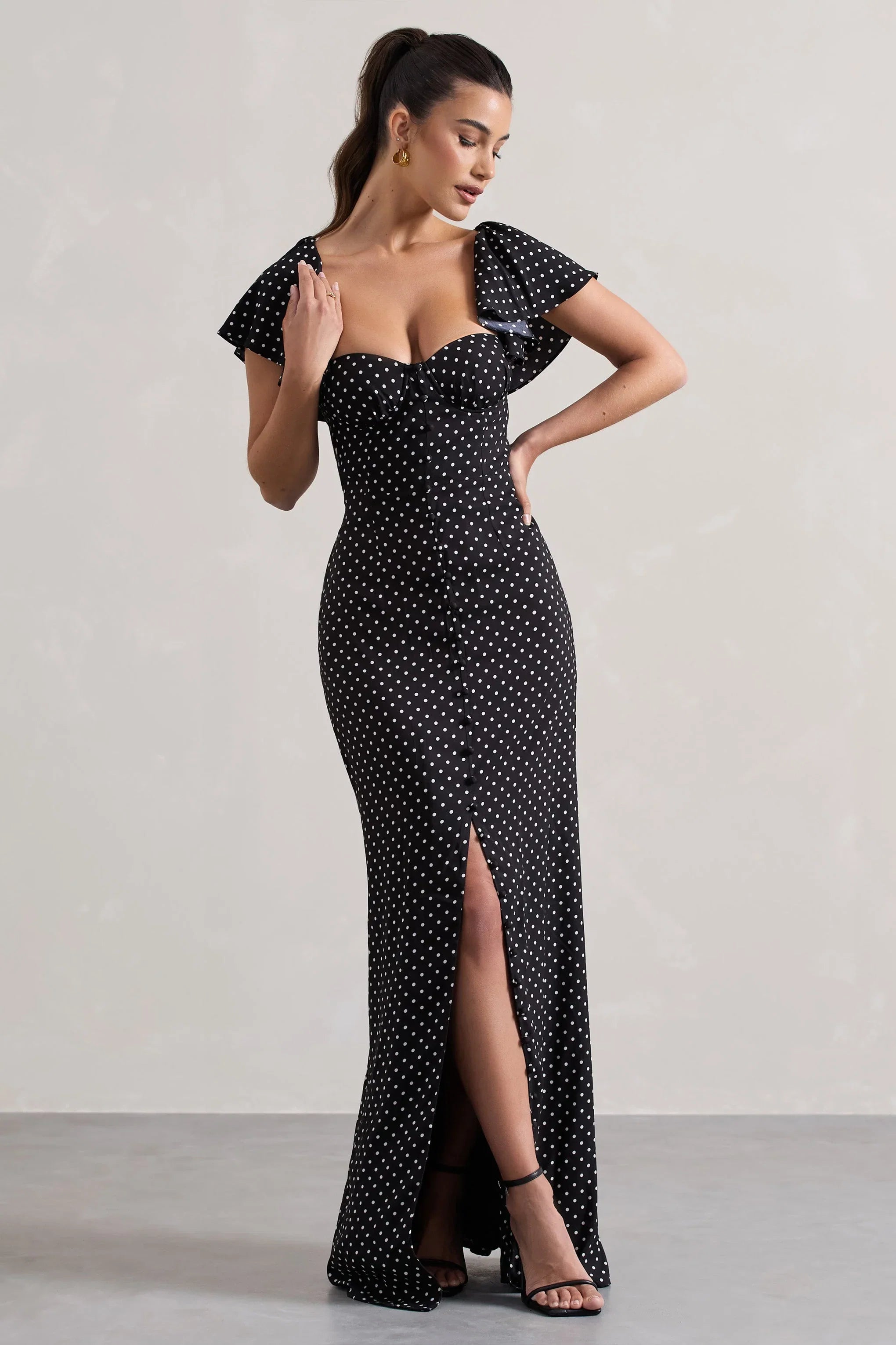 Signorina Black Polka Dot Buttoned Maxi Dress With Flounced Short Sleeves