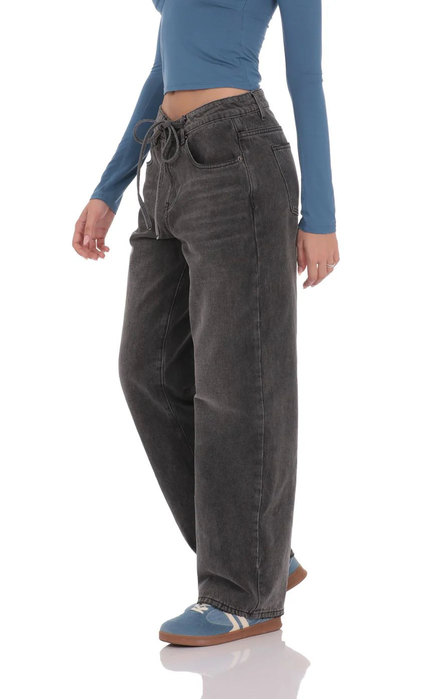 Drawstring Denim Jeans in Faded Black