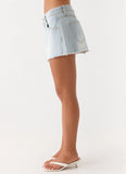 Leon Distressed Denim Mini Skirt Light Blue Wash