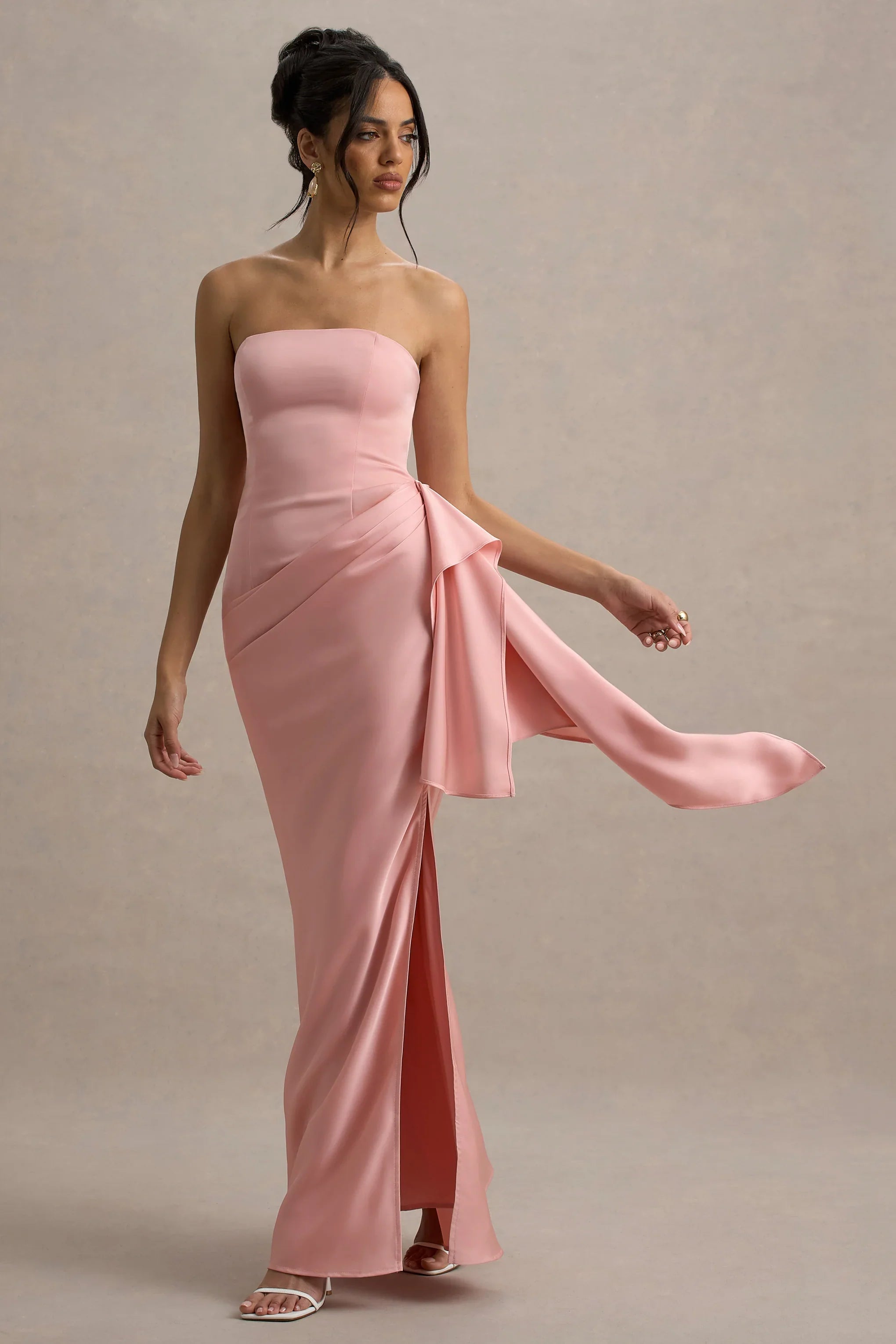 Loz Light Pink Satin Bandeau Draped Maxi Dress